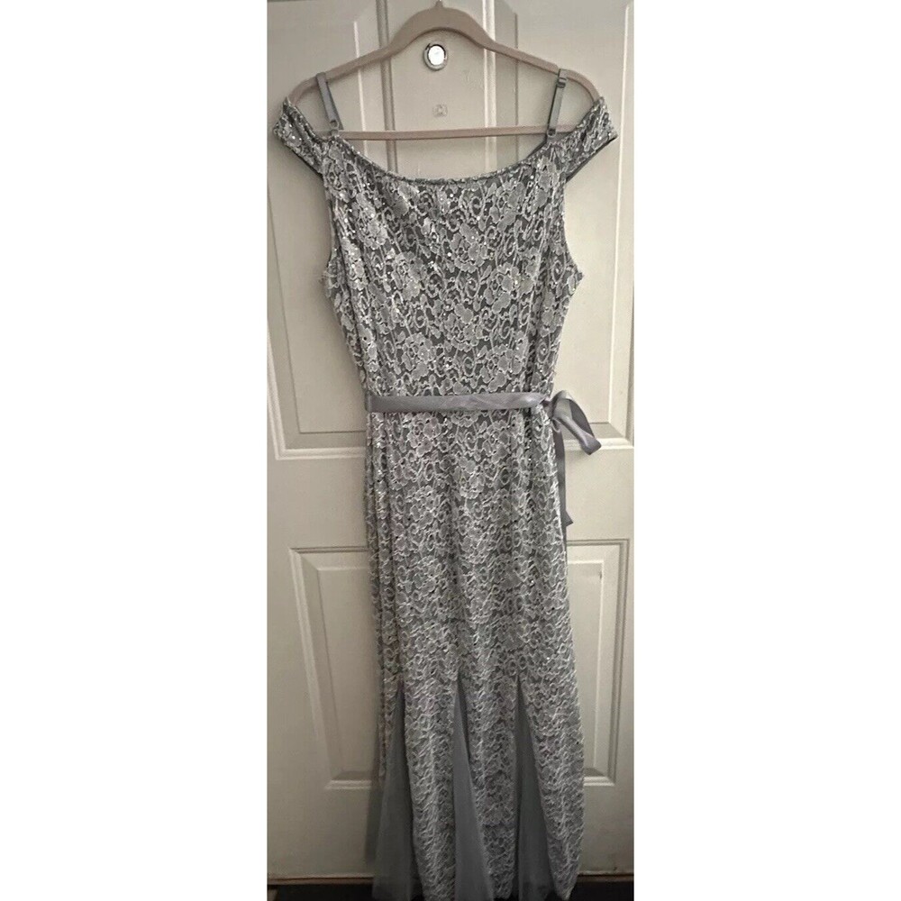 Candalite Long Lace Silver Elegant‎ Dress Size L  Gown Prom Wedding